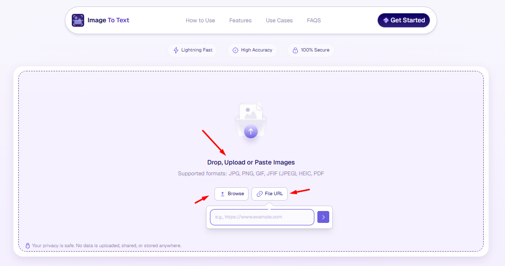 Image to Text OCR File Uploading Option Highlights