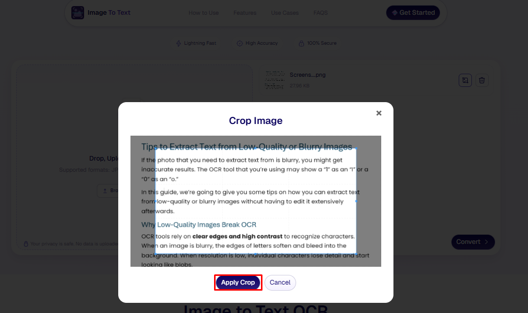 Uploaded image crop window