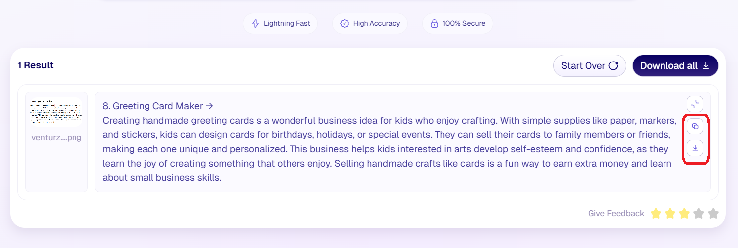 Image to text result copy download option